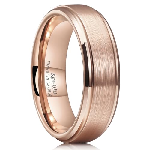 King Will Tungsten Rings For Men 6mm Rose Gold Wedding Band For Women Brushed Step Edge Polished Anniversary Ring Comfort Fit R 1/2 (9)