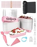 YQER 100 Pack Mini Cake Pans with Lids Spoons & 1 Piping Bag and Tips Set - 6.8oz Disposable Aluminum Foil Pink Mini Loaf Pans for Cake Tins, Baking, Gift & Parties