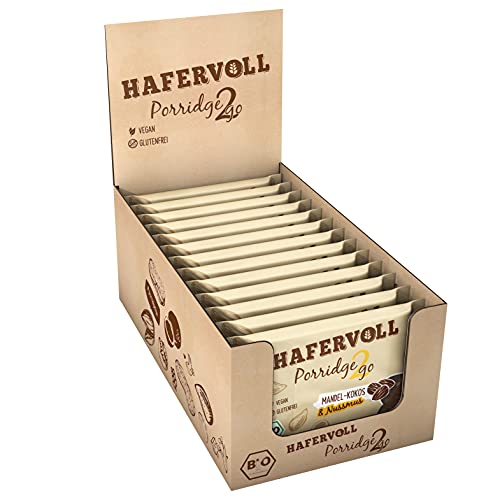 Hafervoll Porridge2go Mandel-Kokos 13 x 55 g - Vegan, Bio, Glutenfrei, Naschen ohne Zusatz von Zucker, mit Hafer, Datteln und Quinoa-Pops, knackig-exotische Frühstücksidee & Snack Cover