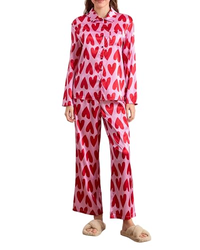 Pyjama satin cœur manches longues et pantalon 2 pièces nuit Saint-Valentin