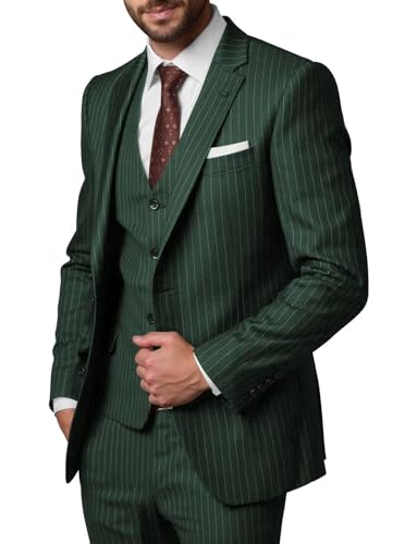 Pinstripe Suit for Men 3 Piece Regular Slim Fit Business Casual Formal Suit Lapel Blazer Pants Vest Set ALV08