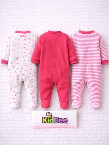 Image of Kidbee Baby Boys & Girls Full Sleeves Cotton Footed Romper Sleepsuit Pack of 3