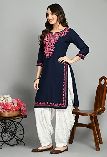 Image of QAZMI Women's Floral Aari Embroidered Viscose Rayon 3 /4 Sleeves Straight Kurta