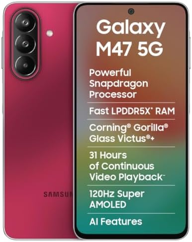 Samsung Galaxy M47 5G Mobile (Rogue Red, 8GB RAM, 128GB Storage, 6000mAh Battery)| 50MP OIS| Snapdragon Processor| LPDDR5X RAM,UFS 3.1 Storage| Gorilla Glass Victus+| sAMOLED| Knox Security| AI