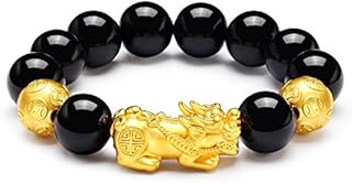 Unisex Gold Black Natural Obsidian Stone Bracelets Round Beads Volcanic Lava and Obsidian Bracelet Men's Gold Bracelet