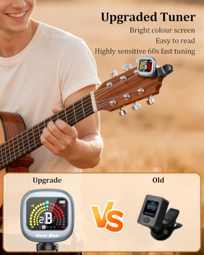 Image of New bee Guitar Tuner Rechargeable, Color Screen Clip On Tuner | 360 Rotatable, Fast & Accurate Chromatic Tuning, for Guitar, Bass, Ukulele, Violin, Cello