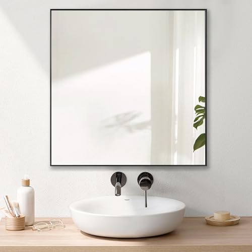LEDLUX 24x24 Inch Black Bathroom Mirror, Copper-Free Mirror, Aluminum Alloy Frame Vanity, Rectangle Wall Mounted Modern Mirror for Bedroom/Living Room/Porch Horizontal or Vertical by LEDLUX - Used condition - US$36.90
