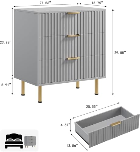 3 Drawer Dresser for Bedroom, Fluted Modern Nightstand with Deep Drawers, Chest of Drawers with Wide Top, Wooden Dresser Organizer, Side Table for Living Room, Hallway, Kids Room, Grey