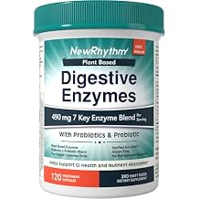NewRhythm Digestive Enzymes 490 mg, with Probiotics & Prebiotic, Plant Based, 7 Key Enzymes, Digestion, Nutrient Absorption, Protease Amylase & Lipase, 120 Vegan Capsules