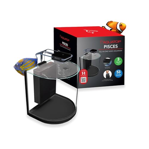 Aquatop Pisces Curved Bowfront Aquarium, 3 Gal - 53GPH – Nano Semi-Circle Glass Aquarium Kit – Touch LED Light – Built-in Filter for Fresh & Saltwater
