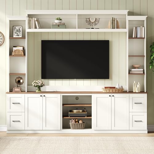 Image of 94.8 inchL Large Entertainment Center with Bookshelves and Drawers for TVs Up to 70'', Wall Unit Entertainment Center with Adjustable Shelves and Cabinet, Minimalist TV Stands for Living Room White