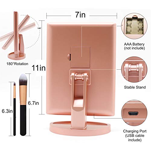 Fascinate Lighted Makeup Mirror, Trifold Vanity Mirror With 21 Led Lights And 2X/3X Magnification, Touch Screen Dimming, Dual Power, 90° Rotation Light Up Mirror (Rose Gold+Brush) #TOP3