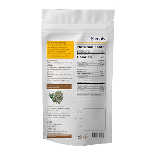 Image of SHROOTS Dehydrated Green Chilli | 100% Natural Dried Green Chilies | Perfect for Cooking, Seasoning and Spice Mixes | 35g Each, (Pack Of 1)