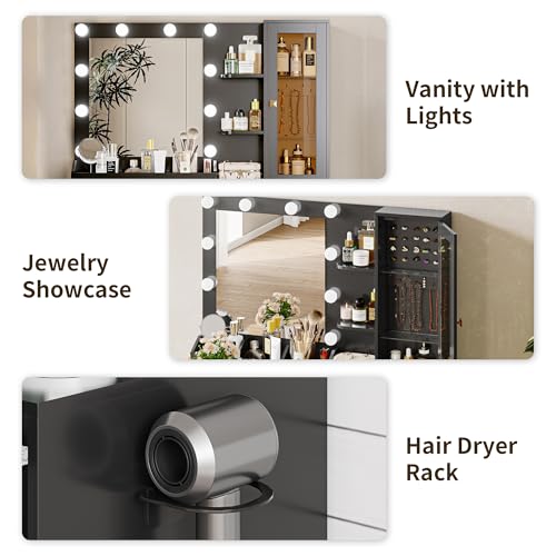 Image of Vanity Desk with Mirror and Lights, Black Makeup Vanity with 5 Drawers Hidden Jewelry Organizer& LED Glass Cabinet,3 Light Mode and Brightness Adjusted,Vanity Mirror with Lights Desk and Chair