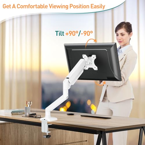 ELIVED 1 Monitor Halterung für 13-32 Bildschirme bis zu 9kg mit VESA 75/100mm, Gasdruckfeder PC Monitor Tischhatlerung, Neigbar, Schwenkbar, Drehbar, Höhenverstellbar Monitorhalterung Weiß EV004W