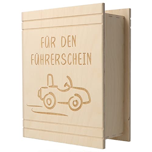 Spruchreif · Spardose Buch aus Holz mit Gravur · Mein neues Auto mit Motiv · Geldgeschenk Sparbüchse · neues Auto · Führerschein · Sparschwein
