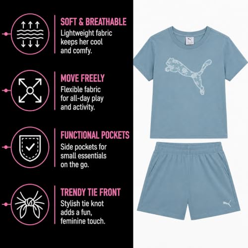 Image of PUMA Girls Athletic Shorts Set - 2 Piece Active Performance TShirt and Gym Bike Kids Shorts Girls Activewear Set (7-14)