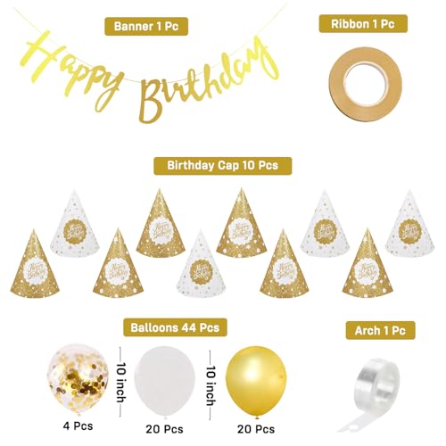 Image of Party Propz Golden and White Happy Birthday Decoration Kit - 57 Pcs, Golden Balloons for Birthday with Birthday Cap and Banner, Bday Decor for Boys & Girls, Bday Decor for Husband (Cardstock)
