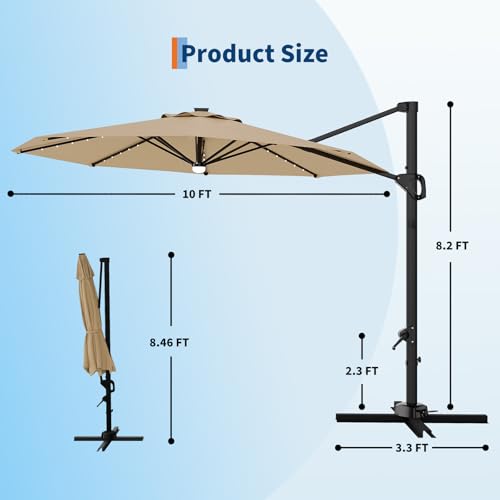 Garvee 10FT Cantilever Patio Umbrella with Solar Lights, 360° Rotation Offset Umbrella, Easy Crank & Tilt Adjustment, UV Protection for Backyard, Poolside, Deck -Tan