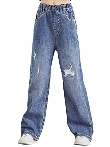 Freebily Jeans Enfant Garcon Filles Mode Pantalons Droits en Denim Jeans Déchiré à Jambe Large Extensibles Taille Haute 1-14 Ans Bleu 9-10 Ans