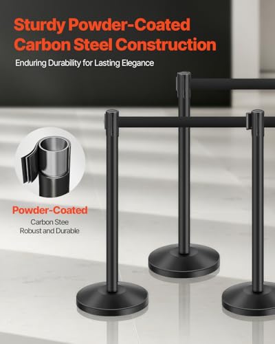 VEVOR Absperrpfosten Absperrung (6 Stk.) zur Steuerung von Menschenmengen mit 6 einziehbaren Gurten, Absperrständer aus Karbonstahl mit hohler Basis für Hochzeiten, Ausstellungen, schwarz