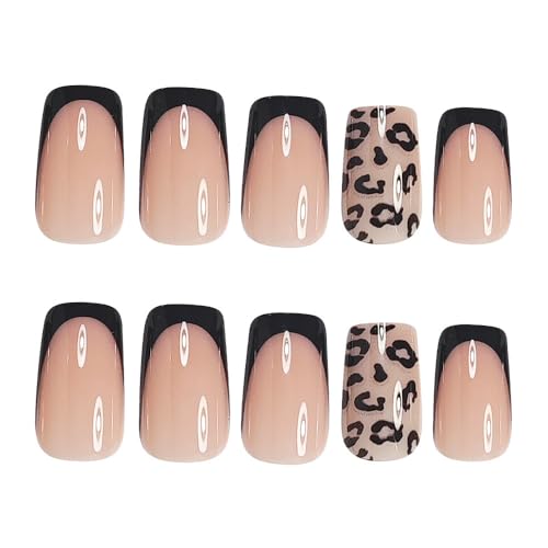 Image of Black french tip Press on Nails Leopard Print Nail Press ons Medium Square Fake Nails with Design Glossy Full Cover Glue on Nail Artificial Acrylic Stick on Nail foe Women Girls Manicure 24Pcs
