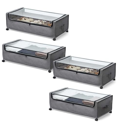 FOUCSSOMEI 4-Packs Under Bed Storage with Wheels, Under The Bed Storage Drawers On Wheels, Rolling Underbed Drawers, Lockable, Heavy Duty, XXXXL Size 90L