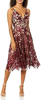 Dress the Population Women's Blair Plunging Fit and Flare Midi Dress,  Berry/Nude, XS : Amazon.sg: Fashion