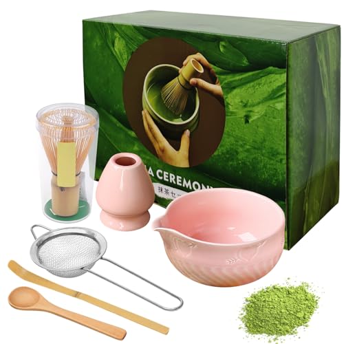 KIPTVO 6pcs Matcha Whisk Set, Pink Matcha Set, with Holder/Scoop/Sifter, Whisk Holder Matcha Whisk Set, Matcha Tea Set for Making Latte, Women, Men, Friends, Gift for Matcha Lover