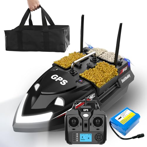 LANGSHI GPS Smart RC Fischköderboot, Auto Cruise Dual Antenna 4 Hoppers Große Kapazität LED Nachtlichtboot (Black,18000mAh)