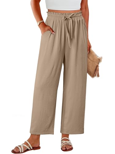 CRAZY GRID Womens High Waisted Palazzo Pants Summer Beach Flowy Wide Leg Trousers Loose Lounge Plus Size Resort Pants with Pockets 2XL Khaki
