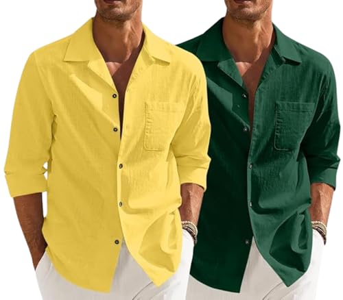 Image of Combo of Men's Casual Cotton Blend Shirt || Long Sleeve Button Down with Spread Collar | Lightweight Breathable Fabric | Stylish Solid Shirt for Beach, Office & Everyday Wear Pack of 2