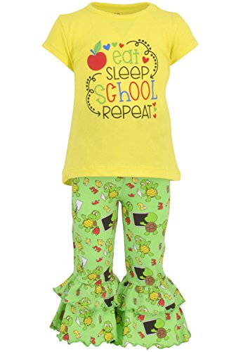 Image of Unique Baby 2 Piece Girls Double Ruffle Leggings Outfit with Short Sleeve Shirt Kid and Toddler Clothes Set