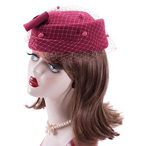 Lawliet Womens Dress Fascinator Wool Felt Pillbox Hat Party Wedding Bow Veil A080 (Wine)