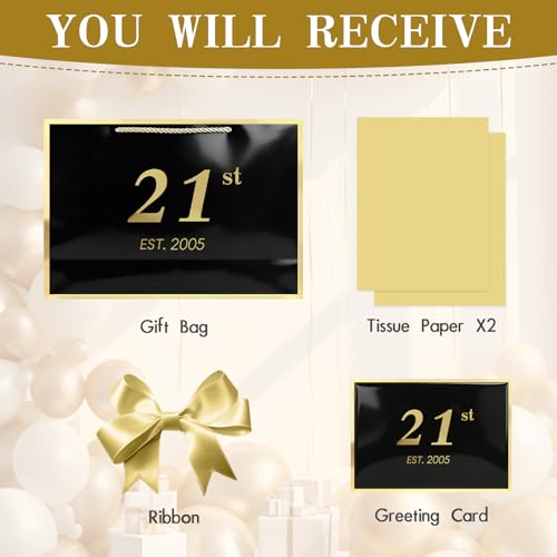 Image of JMANNI 21st Birthday Gift Bag with Card and Tissue Paper for Men Women Him, 14.2 inch Elegant Black Gold Anniversary Keepsake Party Present Shopping Paper Bags for Gifts Wrapping (EST.2005 /Black /Large)