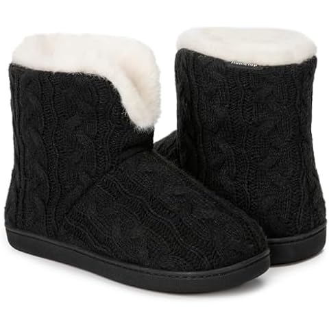 HomeTop Women's Knit Bootie Slippers Fuzzy Warm Memory Foam Indoor House Shoes (7-8, Black) Cover
