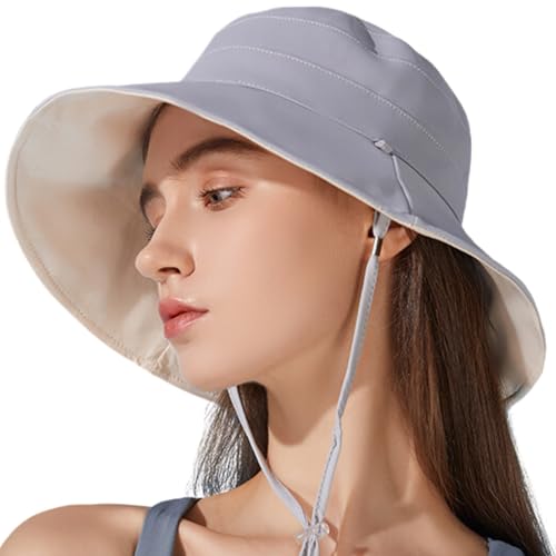 Reversible Bucket Hat for Women, Silky Sun Hats with Wide Brim UPF 50 UV Protection, Boonie with Chin Strap for Camping,Hiking,Summer & Spring Outdoor (AU, Alpha, Medium, Large, Grey/Beige)
