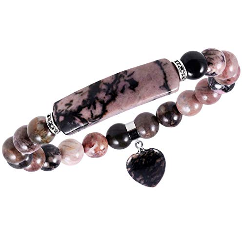 KYEYGWO Rhodonite, Élastique Bracelet en Pierre Cristal pour Femme, Yoga Chakra Rondes Perles d'Énergie Protection Bracelet avec Cœur Pendentif Cover