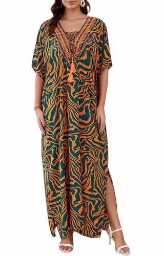 Orshoy Damen Strandkleid Sommerkleid V-Ausschnitt Print Maxi Kaftan Kleid Cover Up Strandponcho Lose Maxikleid Sommer Beachwear Grün Orange