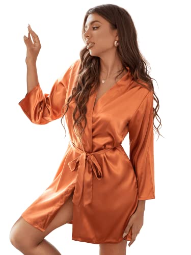 Romwe Women's Satin 3/4 Sleeve Bridesmaid Short Robe Sleepwear Rust Brown M #TOP2