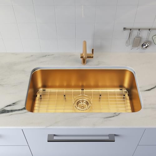 Image of Gold Kitchen Sink 30 Inch, SUS304 Stainless Steel Undemount Kitchen Sinks, 30 inch x 18 inch x 9 inch Large and Deep Single Bowl Kitchen Sinks With Grid and Sink Drain Assembly
