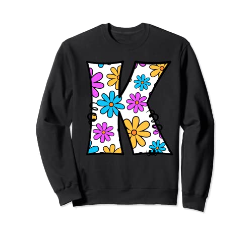 Retro Groovy Daisy Letra K inicial Monograma Nombre Floral Y2K Sudadera