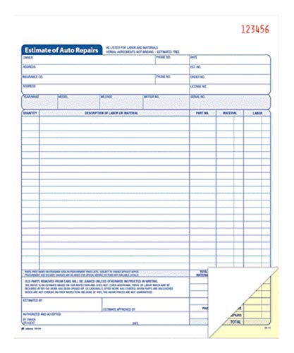 Adams Auto Repair Estimate Book, 2-Part, Carbonless, White/Canary, 8-3/8 X 10-11/16 Inches, 50 Sets Per Book (D8104) #TOP2