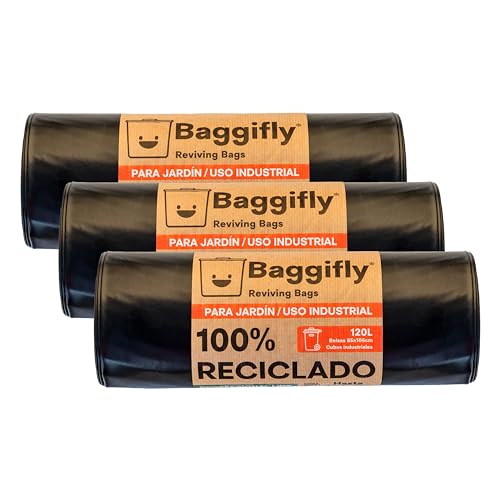 Baggifly, Bolsas de Basura 120L, 30 Bolsas Extra Resistentes, Más de 110kg, 100% reciclades, ECO Friendly, Uso Industrial, Jardín, Obra y Hostelería, Pack 3 x 10, Fabricado en España