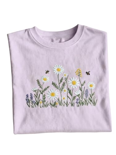 Image of RoseSeek Women's Cute Embroidered Tops Crew Neck Short Sleeve T Shirts Casual Going Out Tops Mauve Purple X-Large