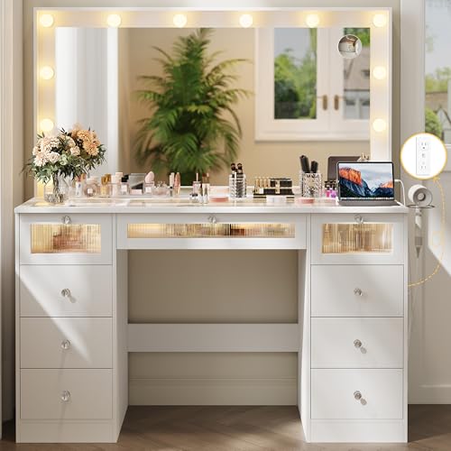 IFSEB Makeup Vanity Desk with LED Lights and Large 36.9’’ Mirror, 9 Drawers Vanity with Glass...