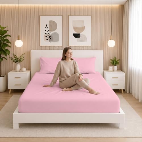 Image of Filymore Double Bed Bedsheet with 2 Pillow Covers, 300 TC Soft Microfiber Plain Bedsheet, Solid Plain Pink Bedcover for Double Bed, Breathable & Comfortable Bedding Set (90x90 Inches)