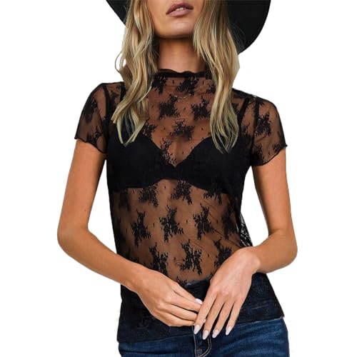 トップス JSELF Sheer Short Shirt ZAFUL Women's Mesh Crop Tops Sexy Sheer See Through Tee Top