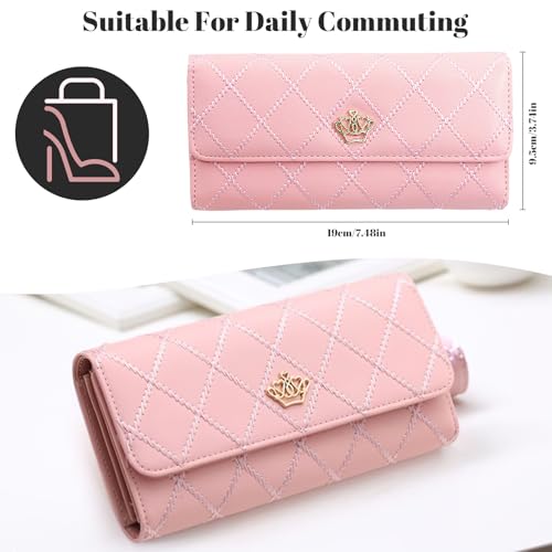 Women's Long Tri-fold Wallet Leather Card Holder Purse Zipper Buckle Elegant Clutch Wallet Handbag for Women Pink3
