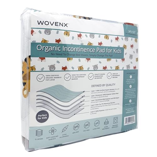 WOVENX Organic Incontinence Pads for Kids & Toddlers - 5 Layer Waterproof Protectors for Overnight Bed Wetting - Reusable & Washable Pee Pads - Fits Twin to Full Size Beds - 34